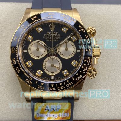 ARF Swiss 1:1 Replica Yellow Gold Rolex Daytona Black Diamond Face Oysterflex Strap Watch 